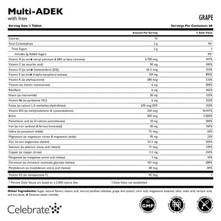 Multi-ADEK-vitamiini, jossa on 60 mg rautaa, pureskeltava, Grape