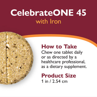 CelebrateONE 45 Kerran päivässä nautittava monivitamiini, jossa on rautaa, pureskeltava tuote