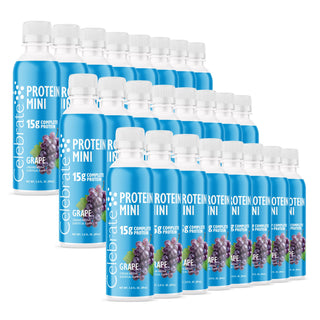 Useita Celebrate Protein Mini -pullloja Grape-makuisena valkoista taustaa vasten