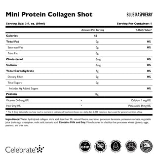 Mini Protein Collagen Shotin ravintoarvomerkintä sinisen vadelman maulla, sisältäen annoskoon, kalorit ja ainesosat.